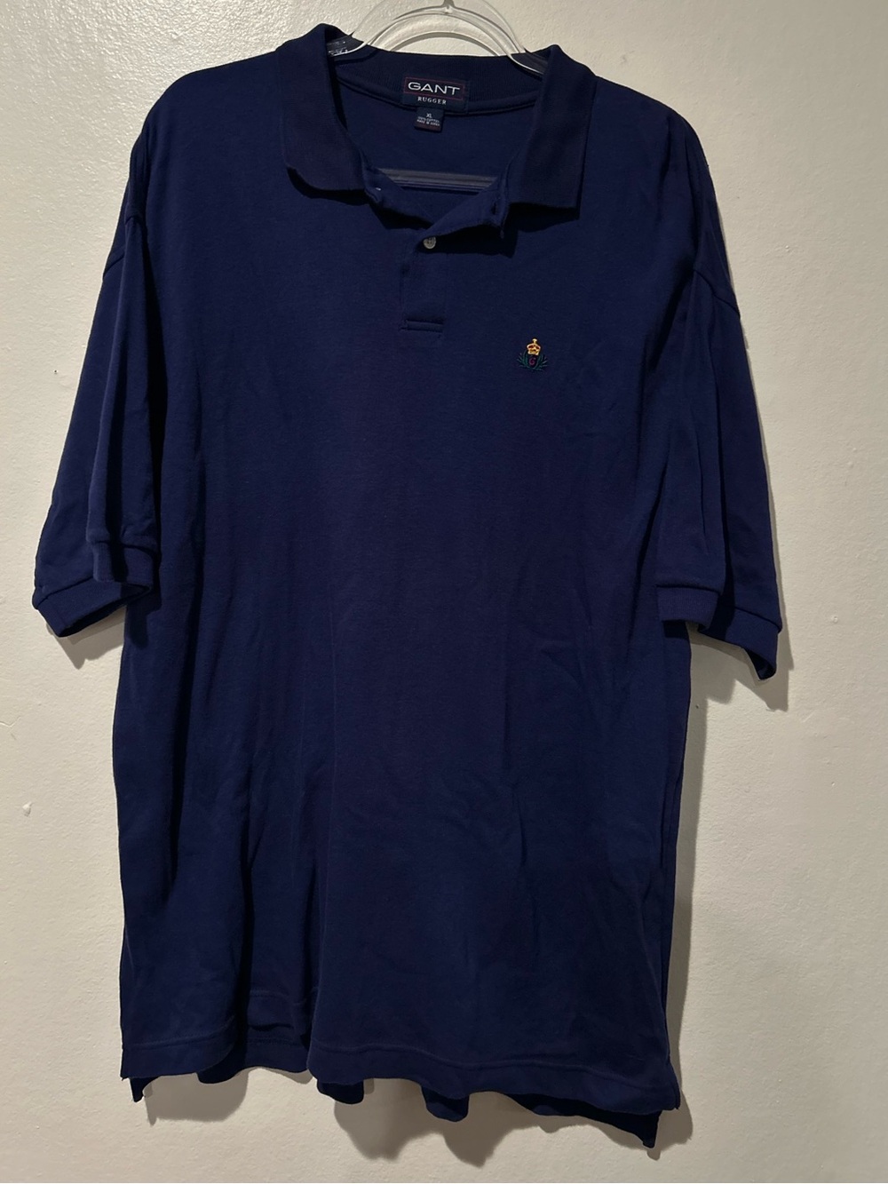 Vintage 90s GANT Rugger Navy Polo Shirt XL Crest Logo Preppy Cotton Oversized